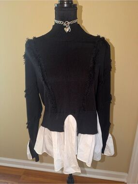 Avantlook Black Frayed Mock Neck Sweater with White Layered Hem